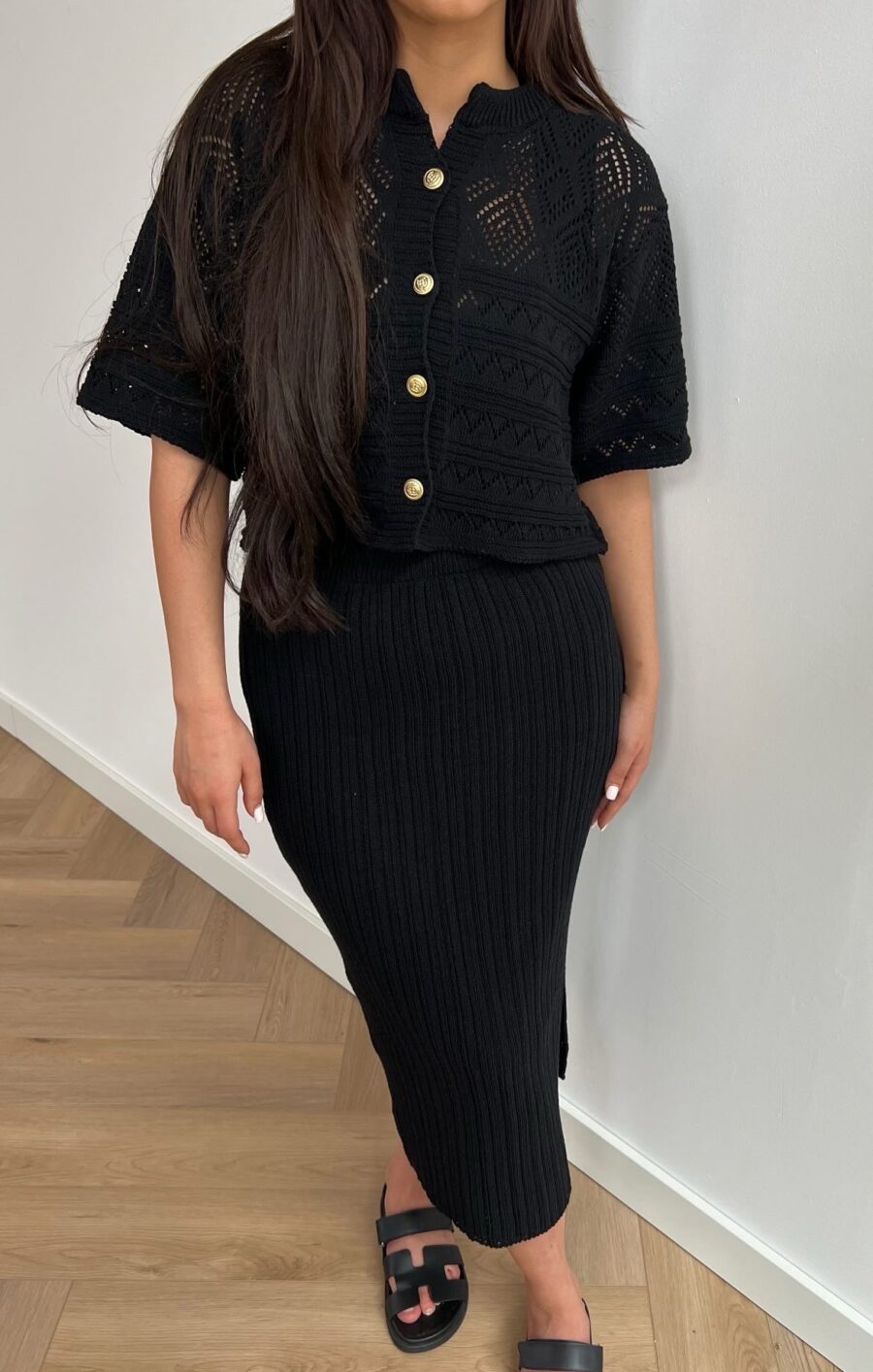 Alaia cotton skirt set gold buttons - black