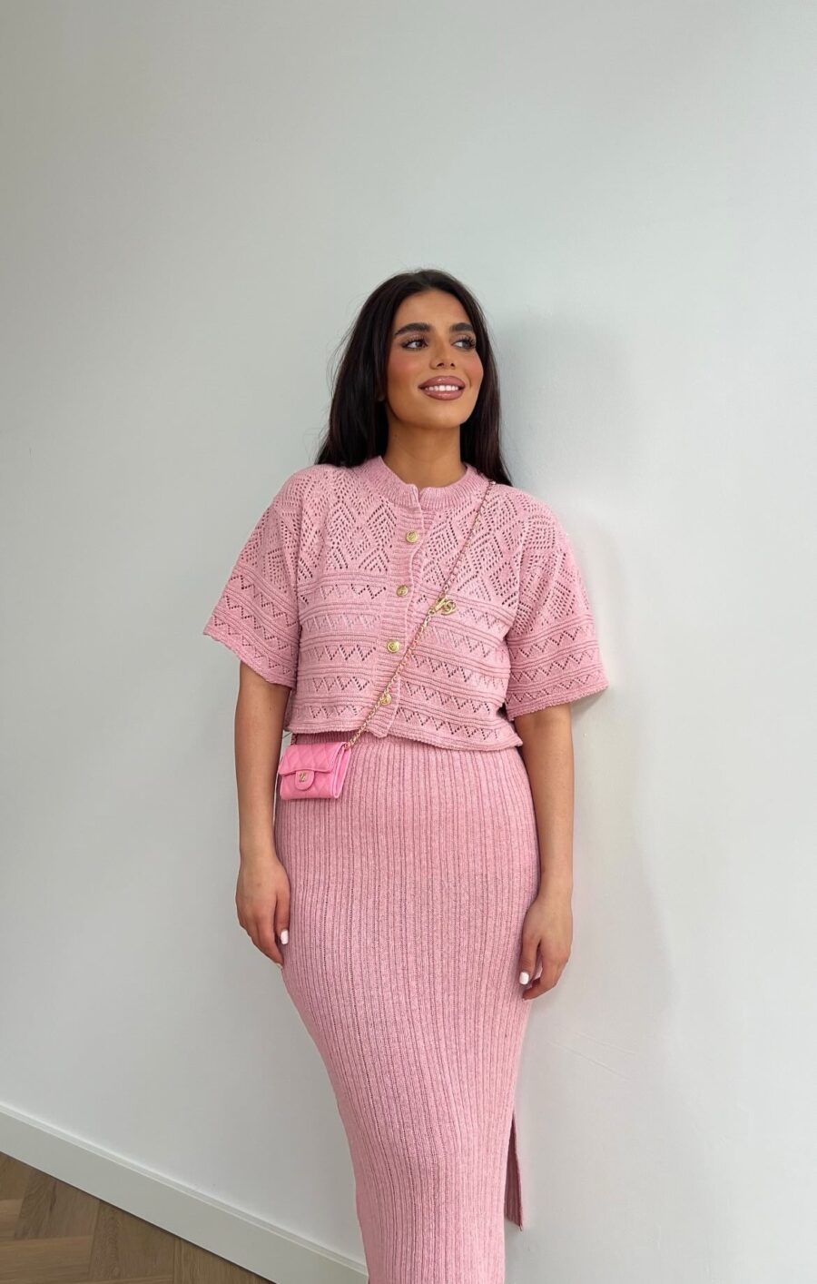 Alaia cotton skirt set gold buttons - pink