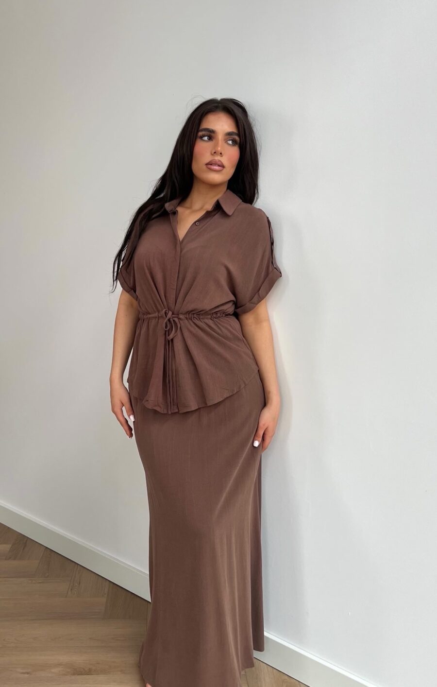 Linnen fitted skirt set chocolate