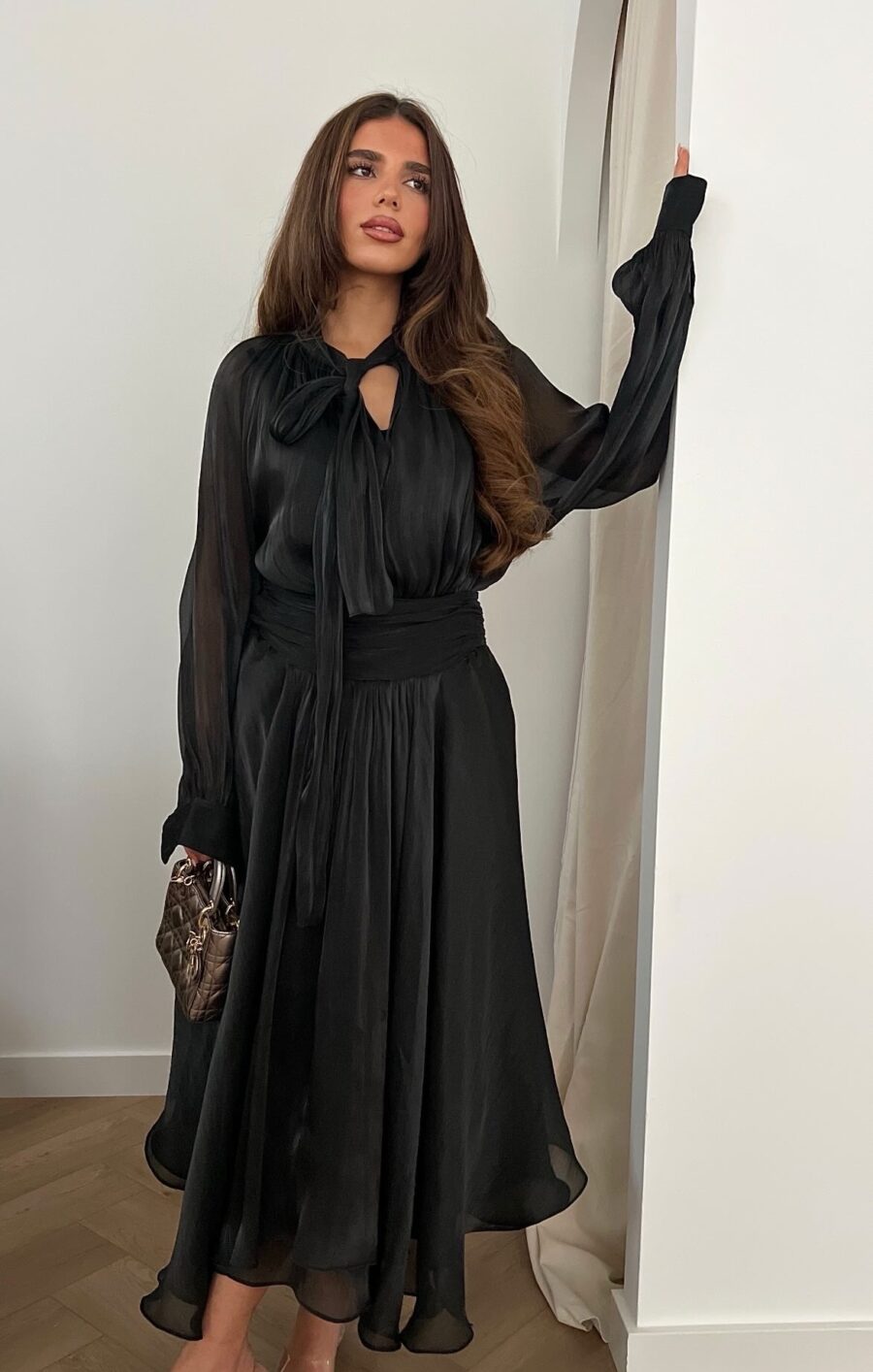 Volant silk dress black