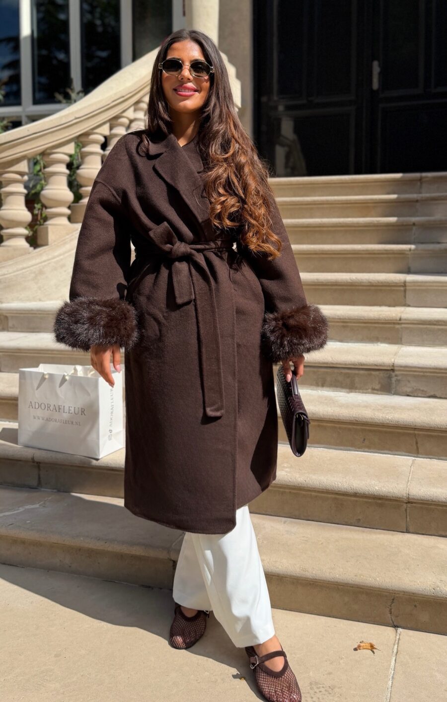 Wool coat faux fur chocolate (70% woll)